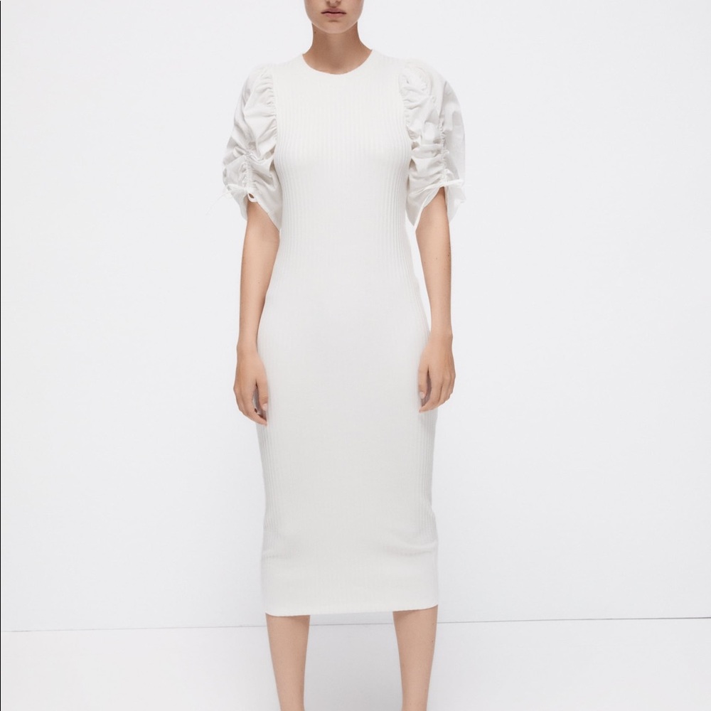 Zara Ribbed Knit Puff Sleeve Back Cutout Midi Dress NWT - Picture 6 of 16